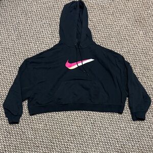 Nike Black Cropped Length Hoodie with Pink Peach and White Swoosh